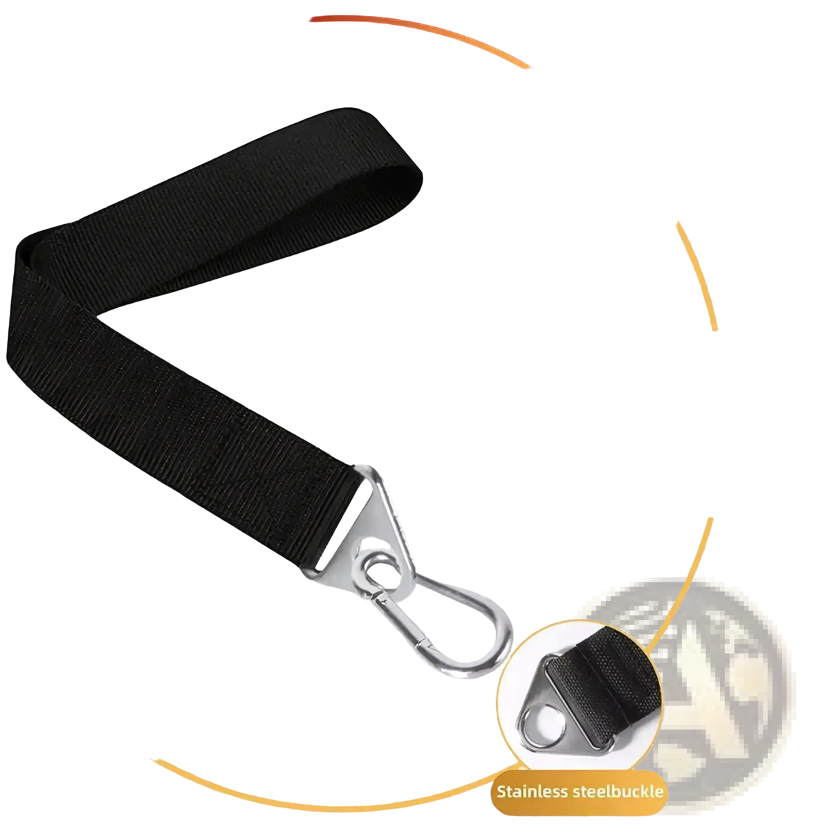 Black woven arm wrestling training strap with stainless steel carabiner and buckle for wrist strengthening