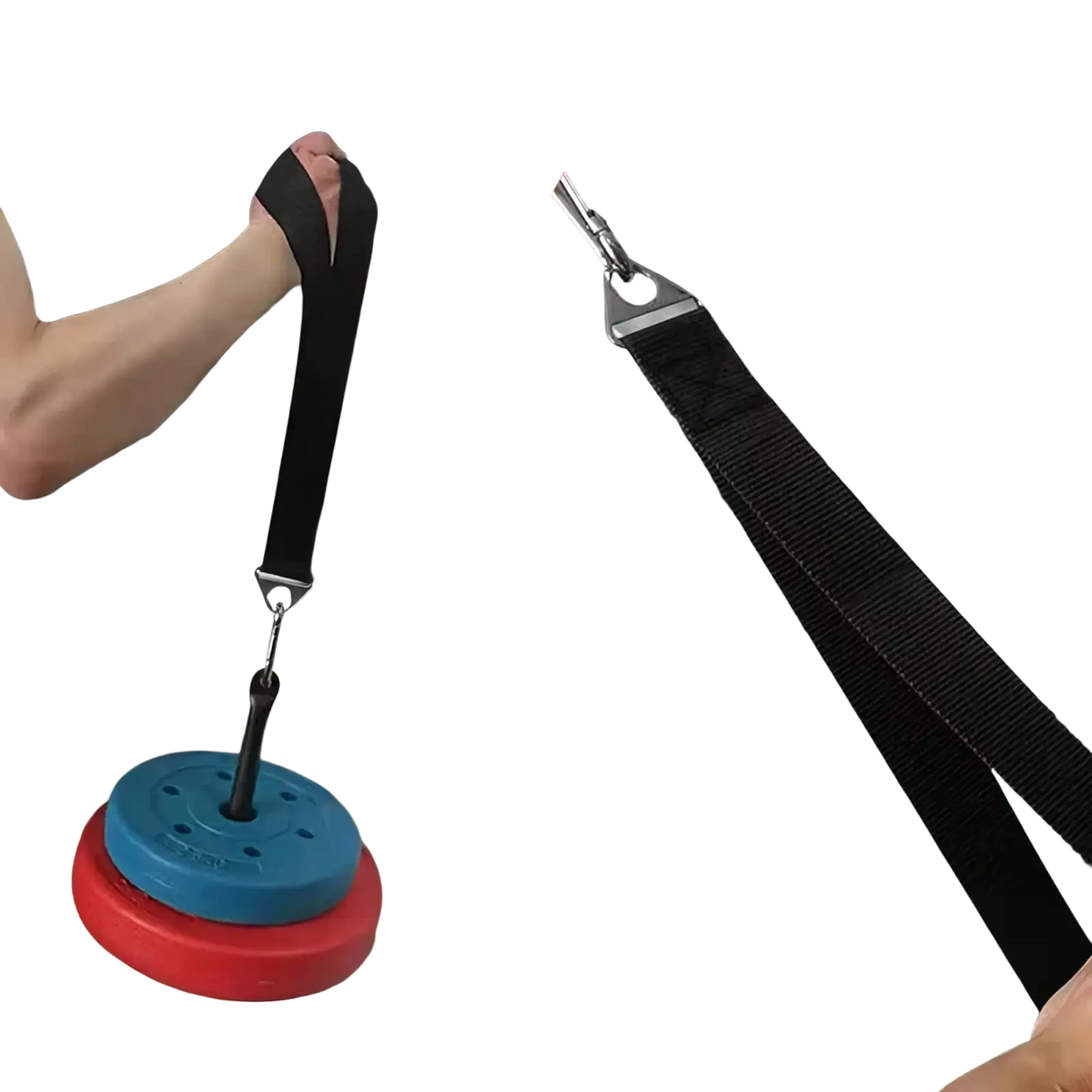 Black fabric arm wrestling training strap with metal hook and silver carabiner attached to weight stack discs