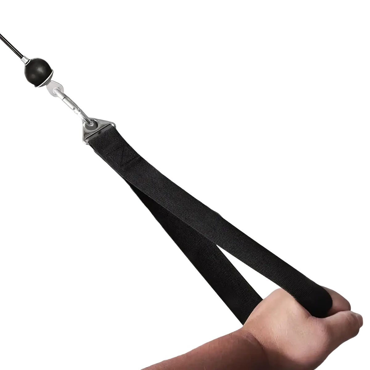 Black fabric grip handle with metallic attachment for arm wrestling training strap and wrist strengthener cable machine