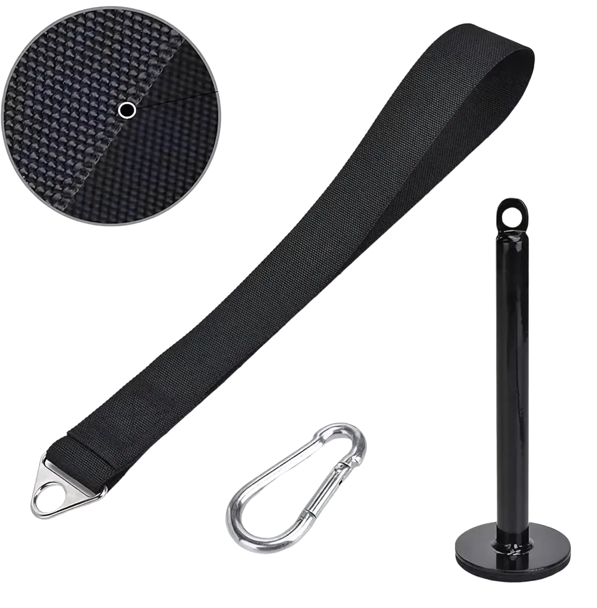 Black heavy-duty webbing arm wrestling training strap with 1.5mm thickened section and metal carabiner base stand