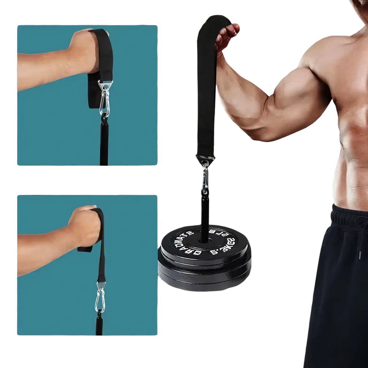 Black neoprene arm wrestling training strap with metal carabiner and adjustable length for wrist strengthening