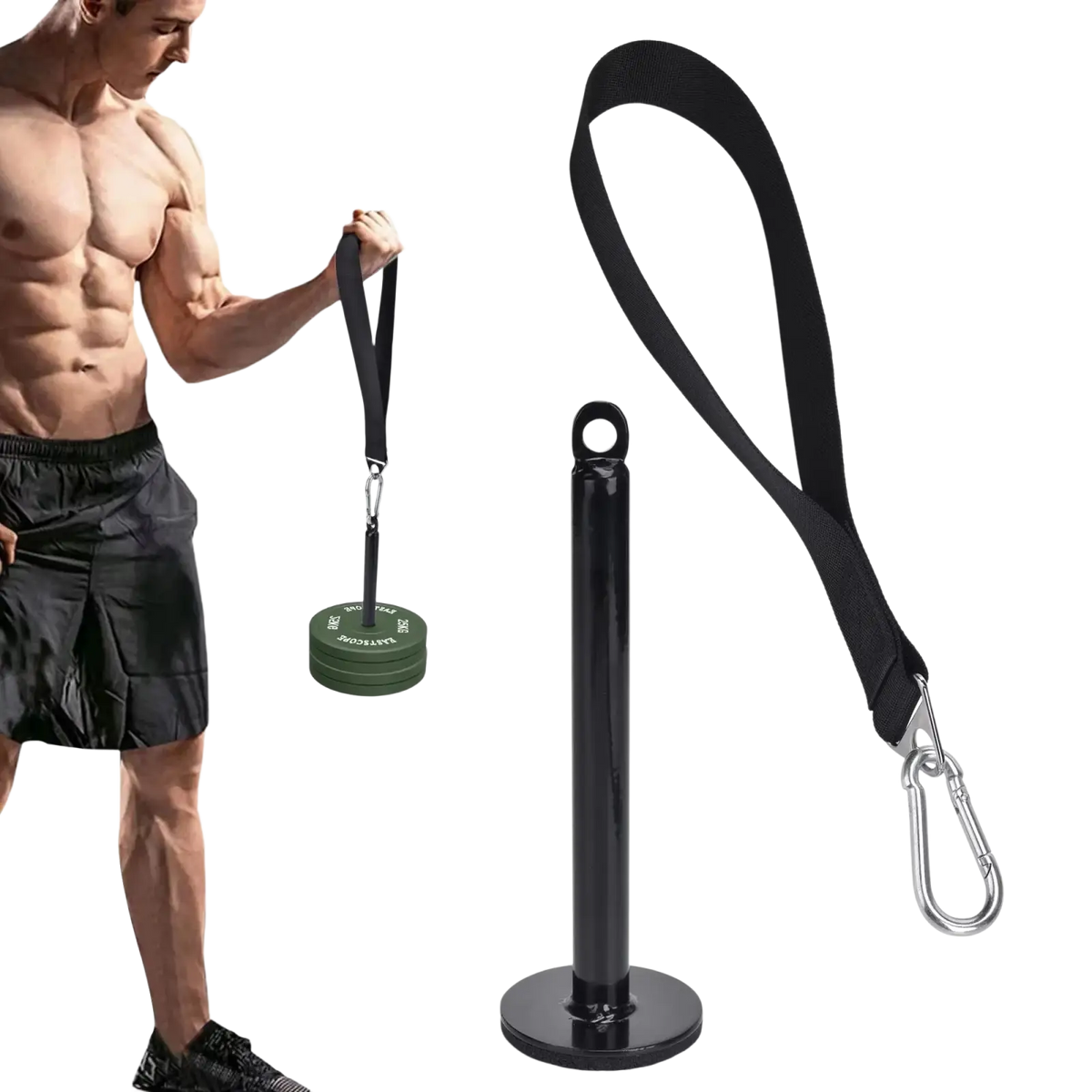 Black weighted arm wrestling training strap with green weight plates and silver carabiner clip for wrist strengthening