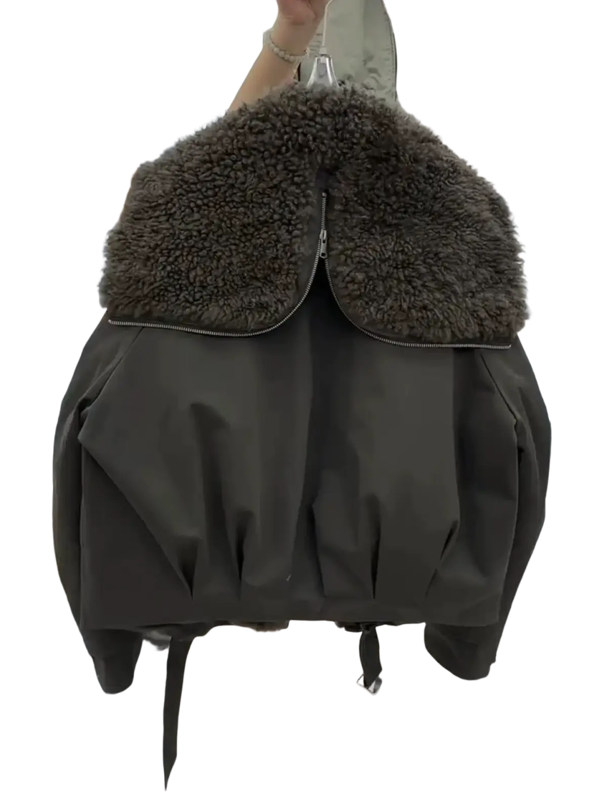Army green bomber jacket with plush brown faux fur collar and padded winter insulation for cold weather wear
