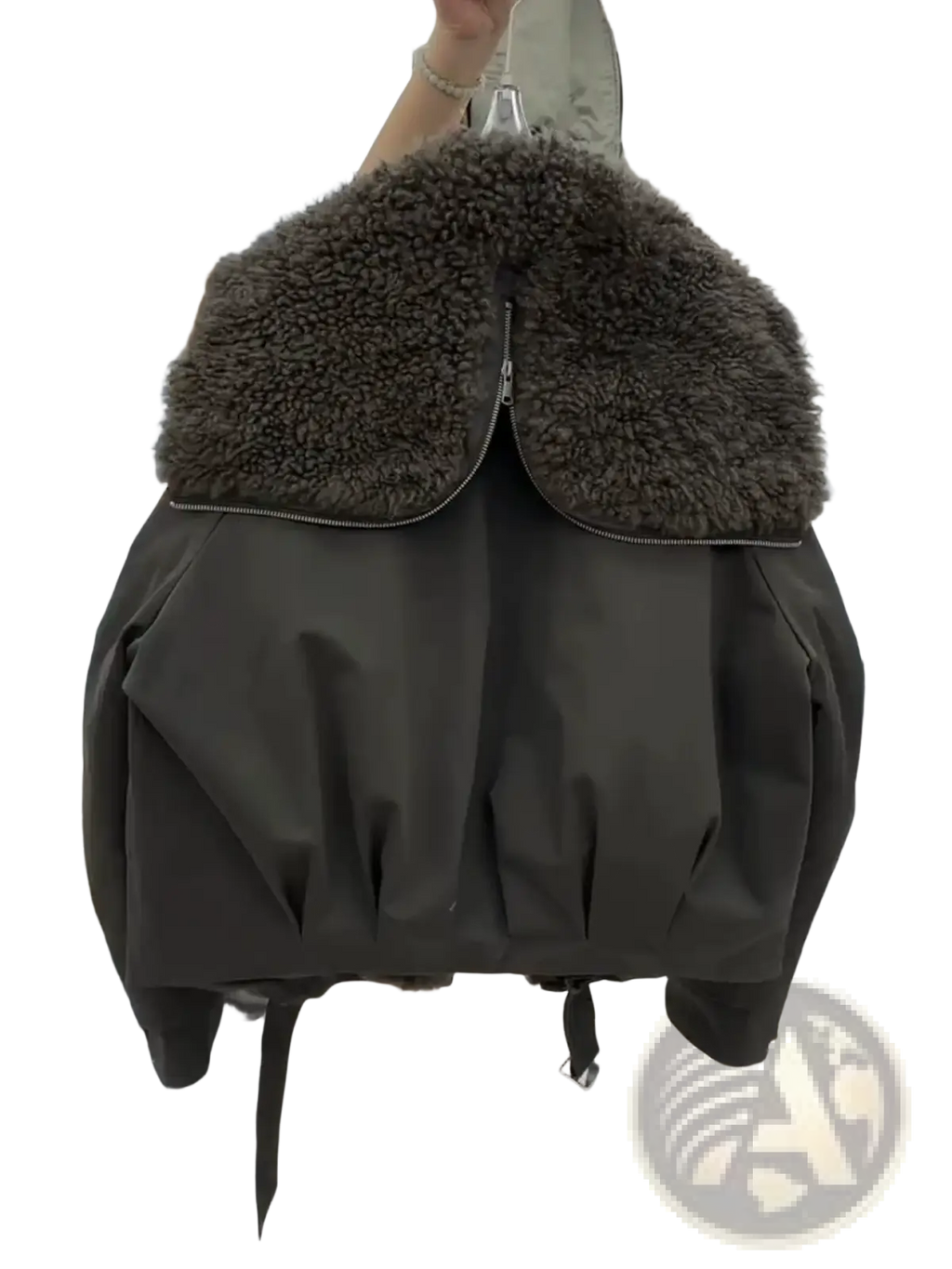 Army green bomber jacket with plush brown faux fur collar and padded winter insulation for cold weather wear