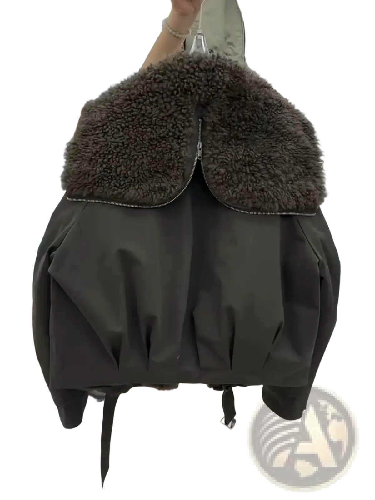 Army green bomber jacket with plush brown faux fur collar and padded winter insulation for cold weather wear