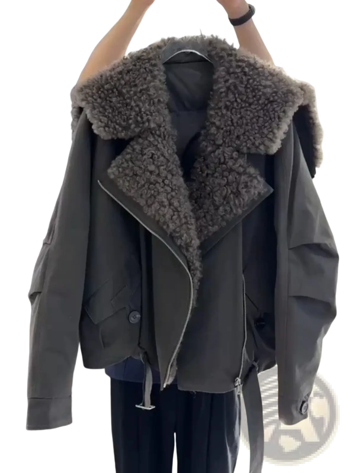 Dark gray shearling-lined bomber jacket with plush textured collar and front zipper closure for winter wear
