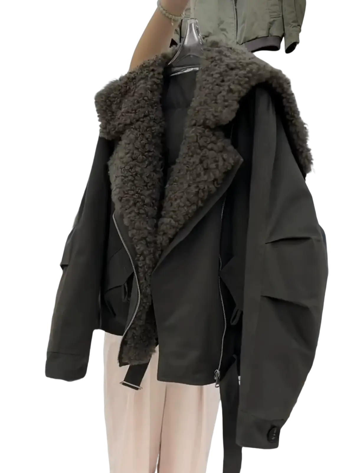 Dark olive green bomber jacket with plush brown shearling faux fur collar padded for winter wear