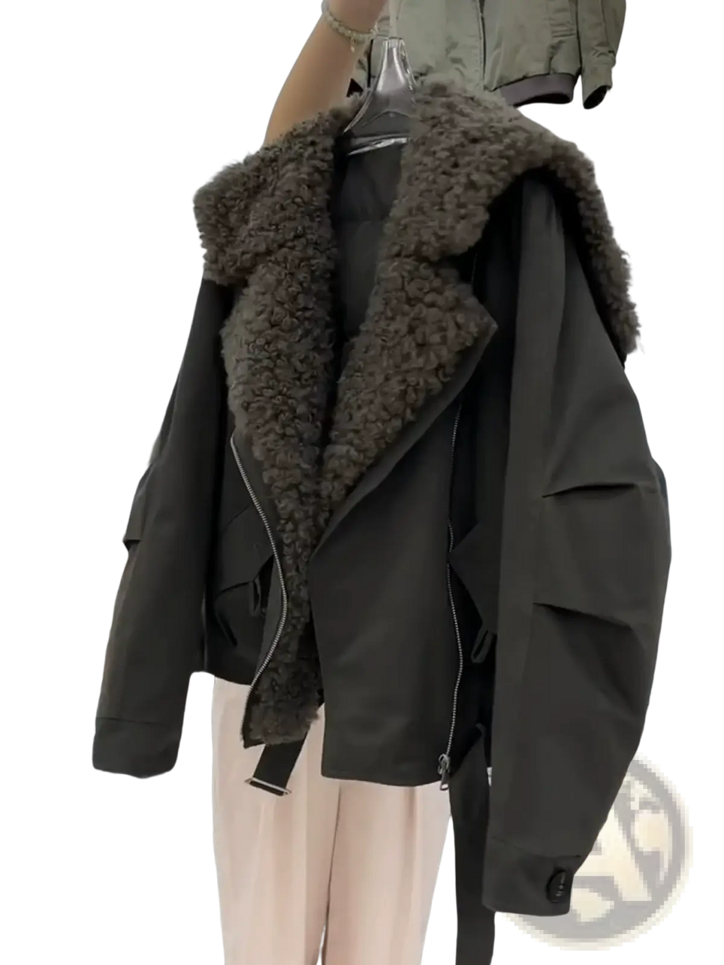 Dark olive green bomber jacket with plush brown shearling faux fur collar padded for winter wear