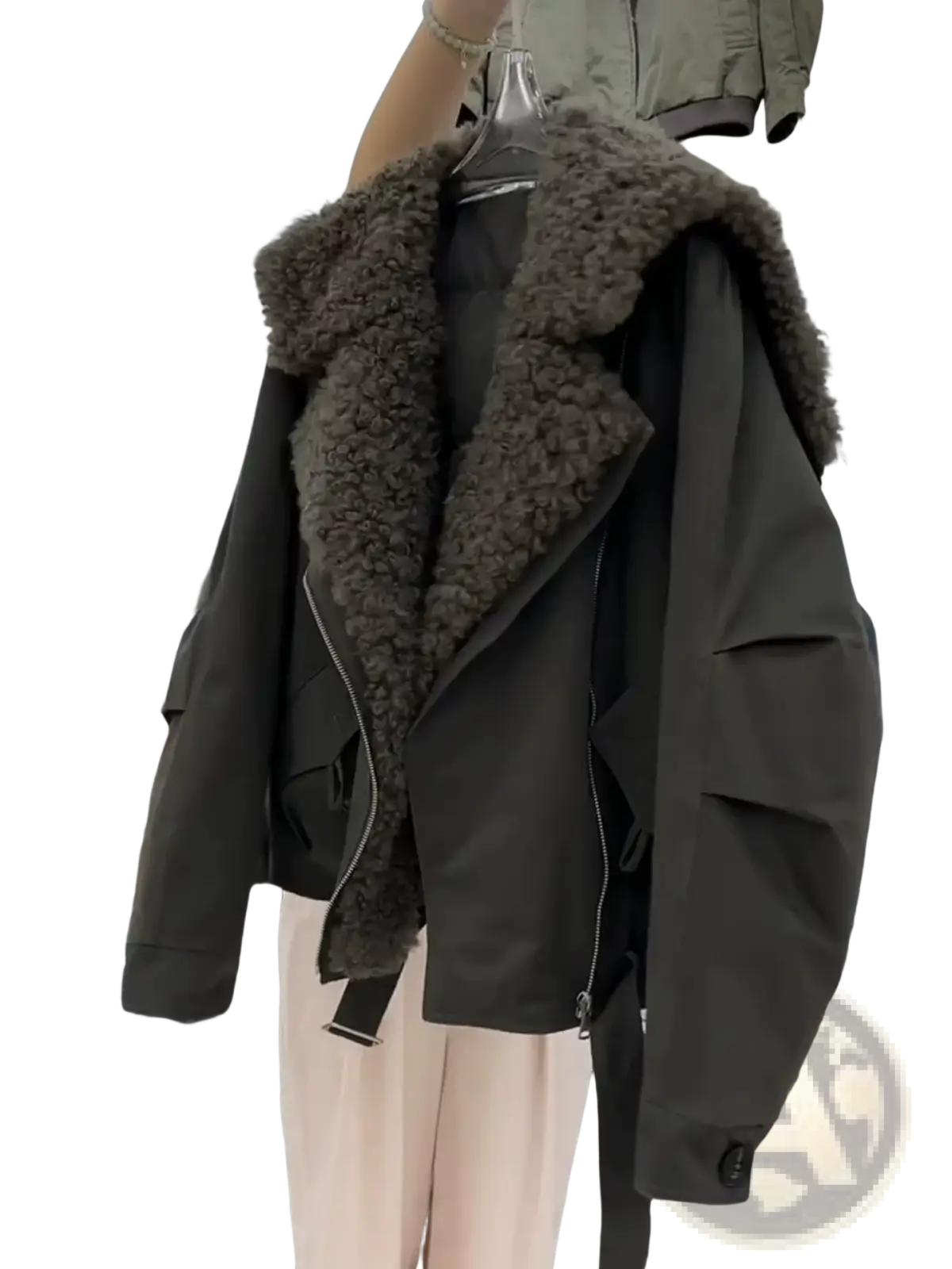 Dark olive green bomber jacket with plush brown shearling faux fur collar padded for winter wear