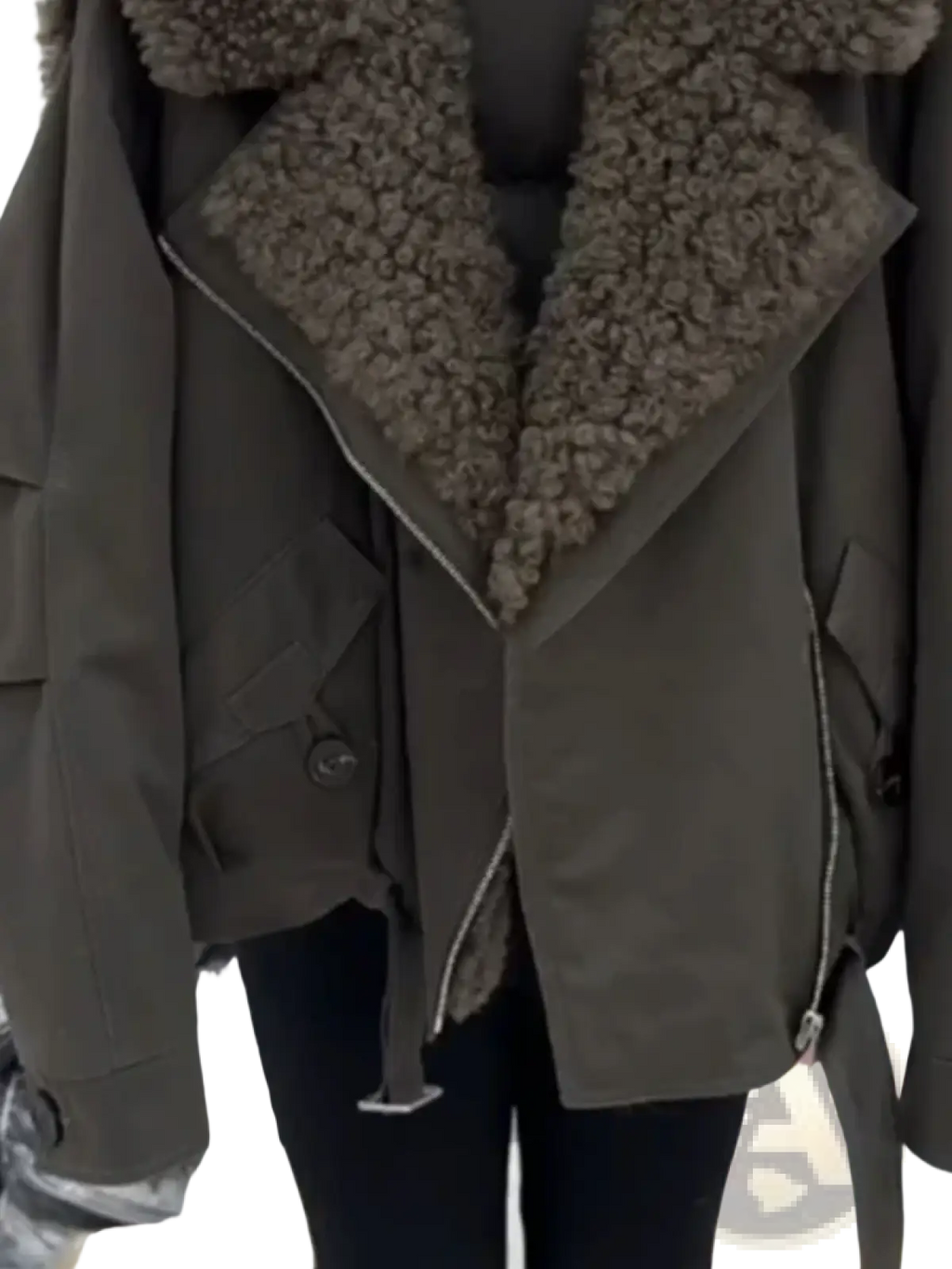 Army green padded winter jacket with faux fur collar shearling lining and matching zipper trim for cold weather