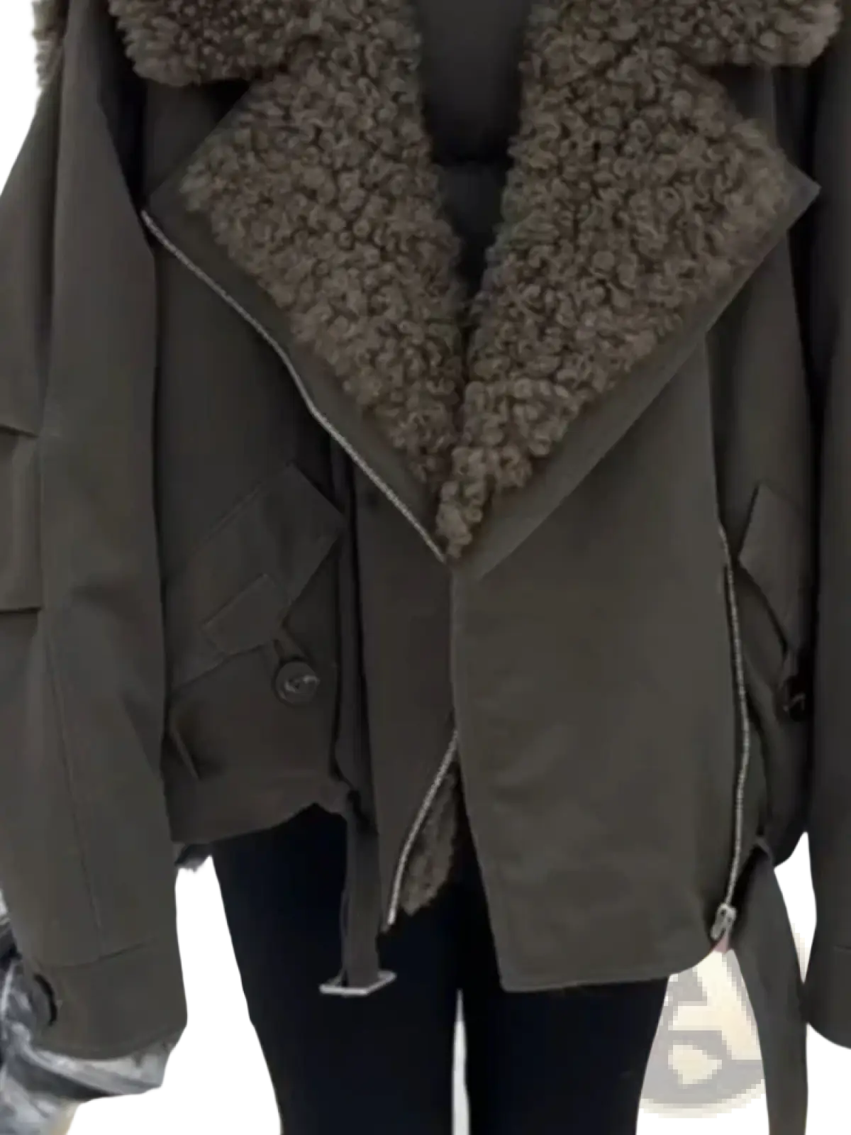 Army green padded winter jacket with faux fur collar shearling lining and matching zipper trim for cold weather