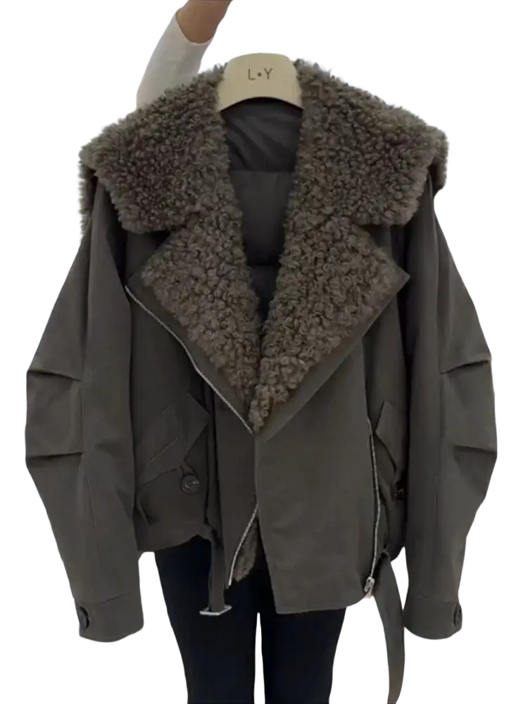 Olive green padded bomber jacket with shearling-lined plush collar and front zipper closure for winter wear