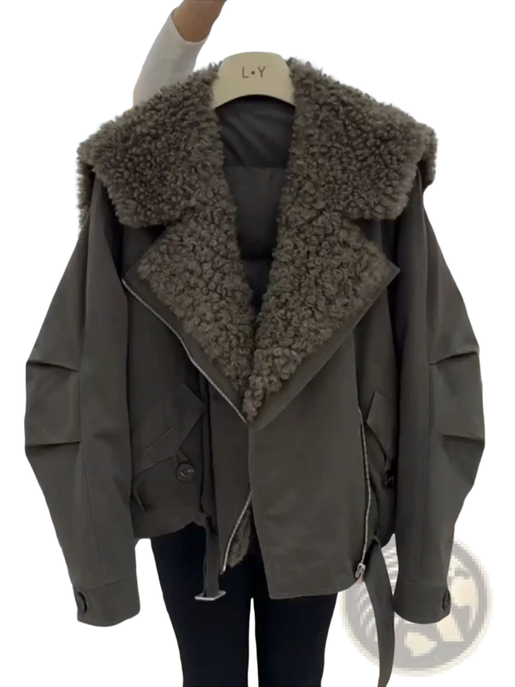 Olive green padded bomber jacket with shearling-lined plush collar and front zipper closure for winter wear