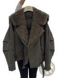 Olive green padded bomber jacket with shearling-lined plush collar and front zipper closure for winter wear