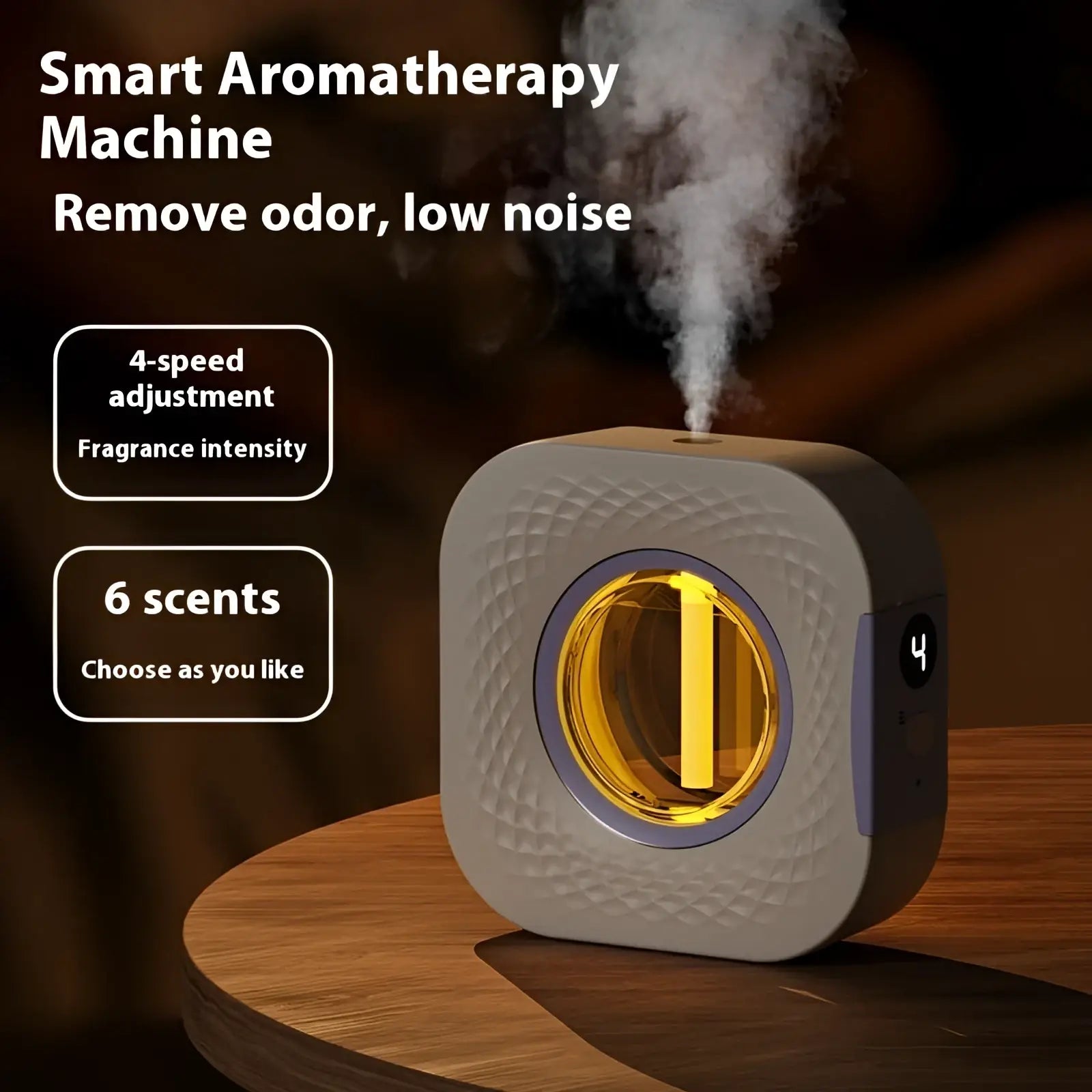 A sleek square-shaped smart rechargeable wall mounted aroma diffuser with textured gray body and glowing yellow light