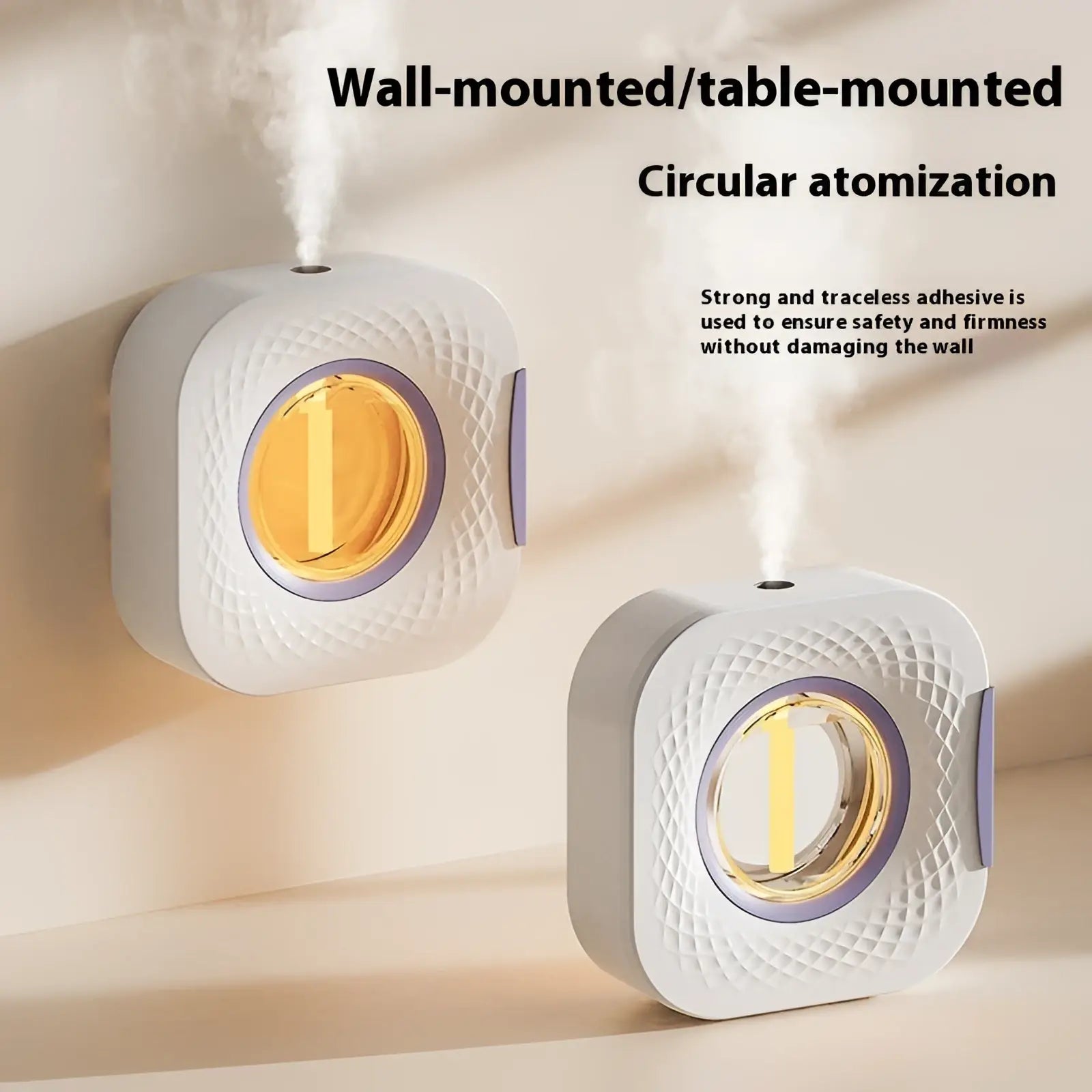 Aroma diffuser smart rechargeable wall mounted dispenser with white and purple textured circular surface and golden inner circle