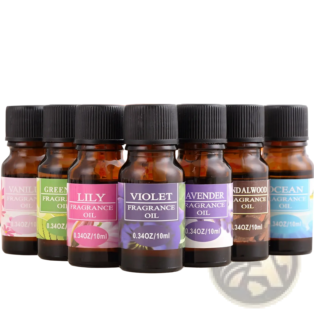 Set of six amber glass aromatherapy essential oil bottles with black caps and colorful fragrance labels for humidifiers