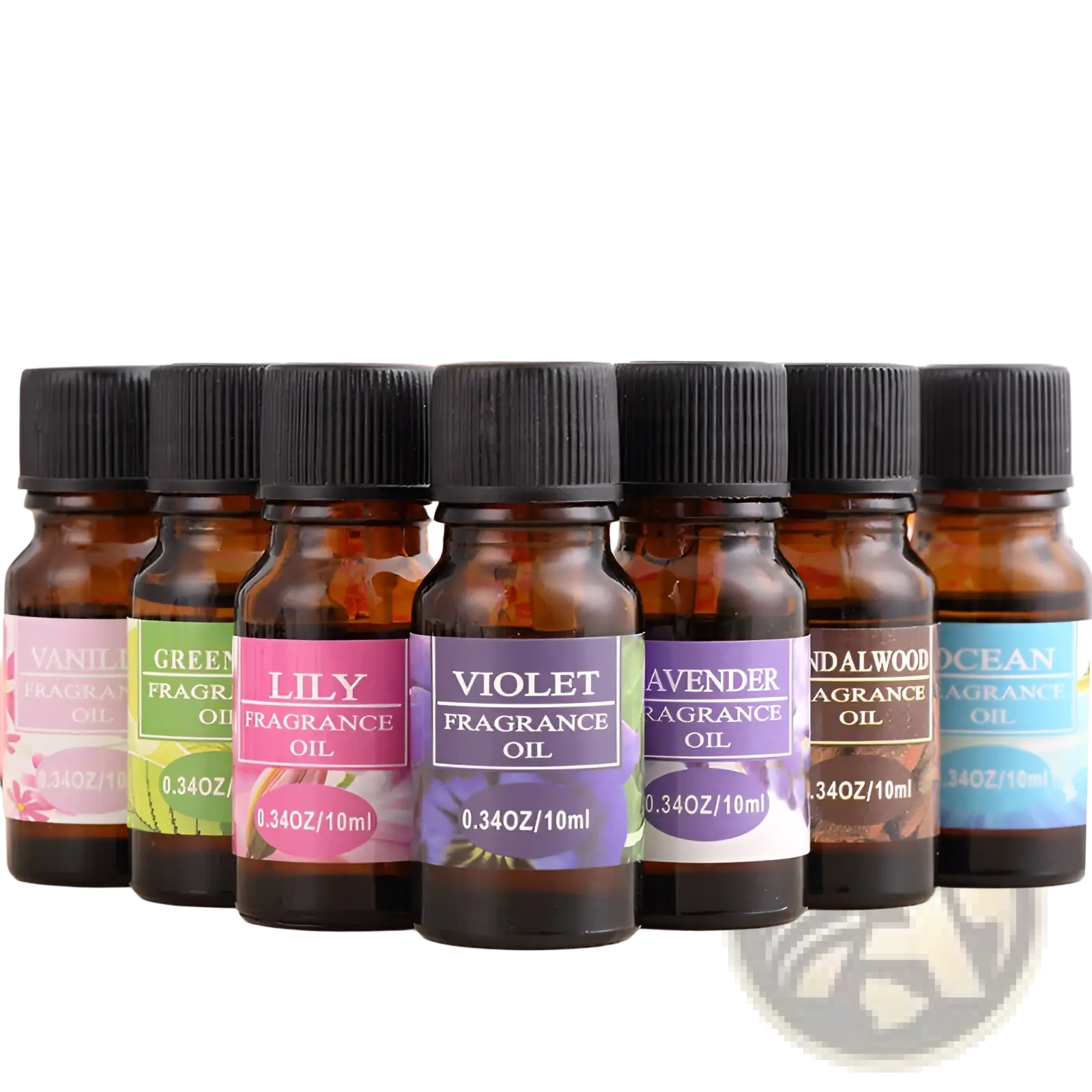 Set of six amber glass aromatherapy essential oil bottles with black caps and colorful fragrance labels for humidifiers