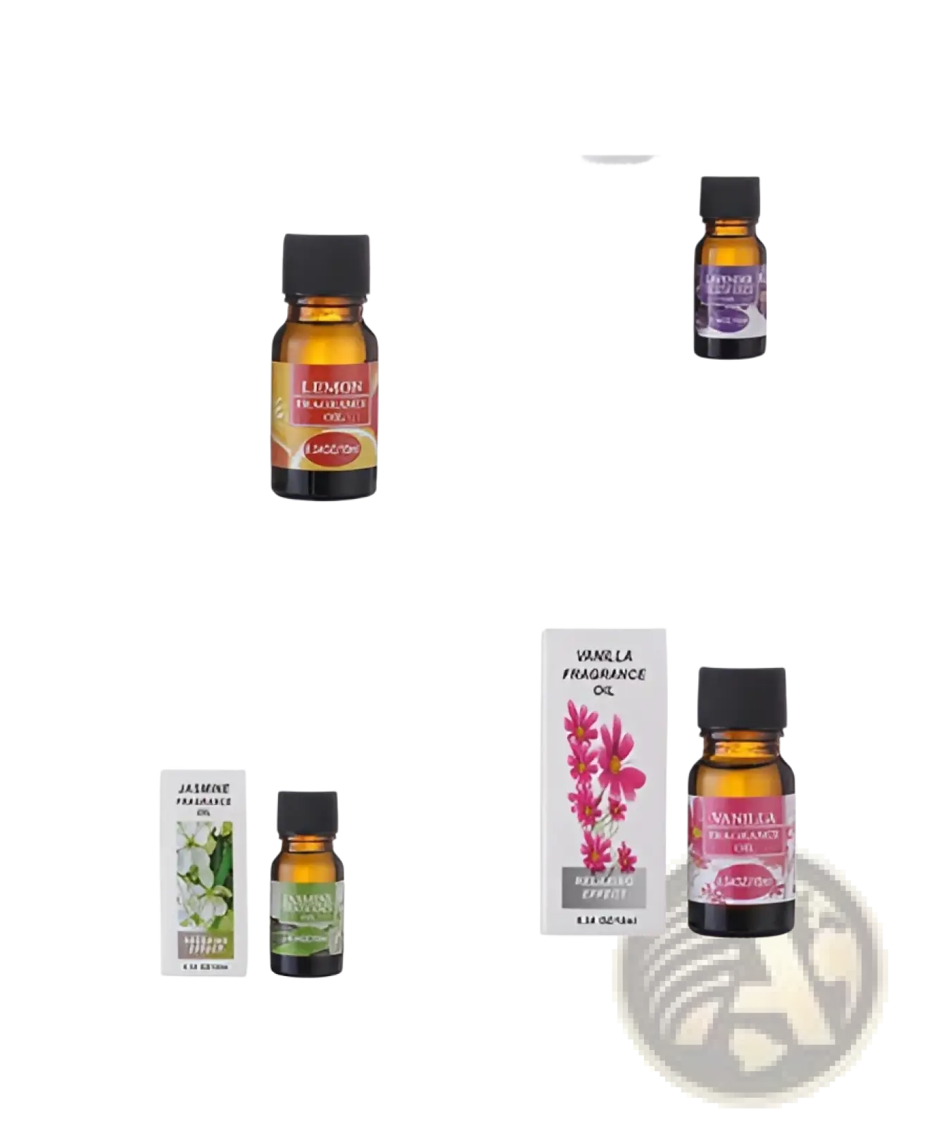 Amber glass bottles with black caps and colorful citrus lavender and vanilla labels aromatherapy essential oil for humidifiers 10ml