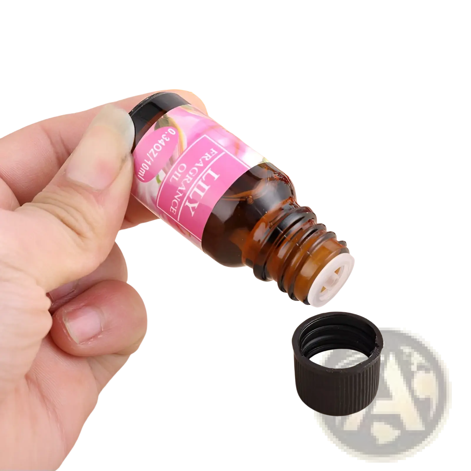 A small amber glass bottle with black cap and pink label containing lily fragrance oil for aromatherapy humidifiers 10ml