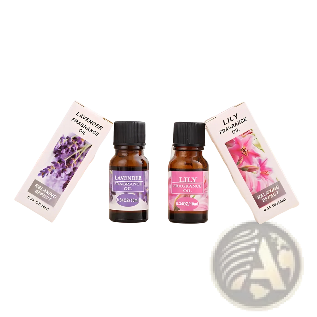 Two amber glass bottles of aromatherapy essential oil for humidifiers with lavender and lily fragrance oils 10ml each