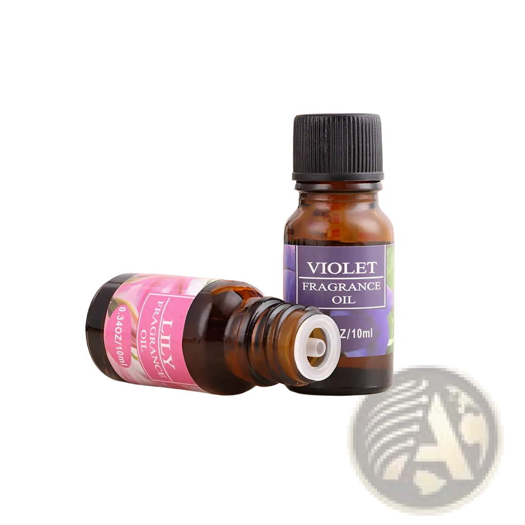 Aromatherapy essential oil violet fragrance in small amber glass bottles with black caps and white dropper tips for humidifiers