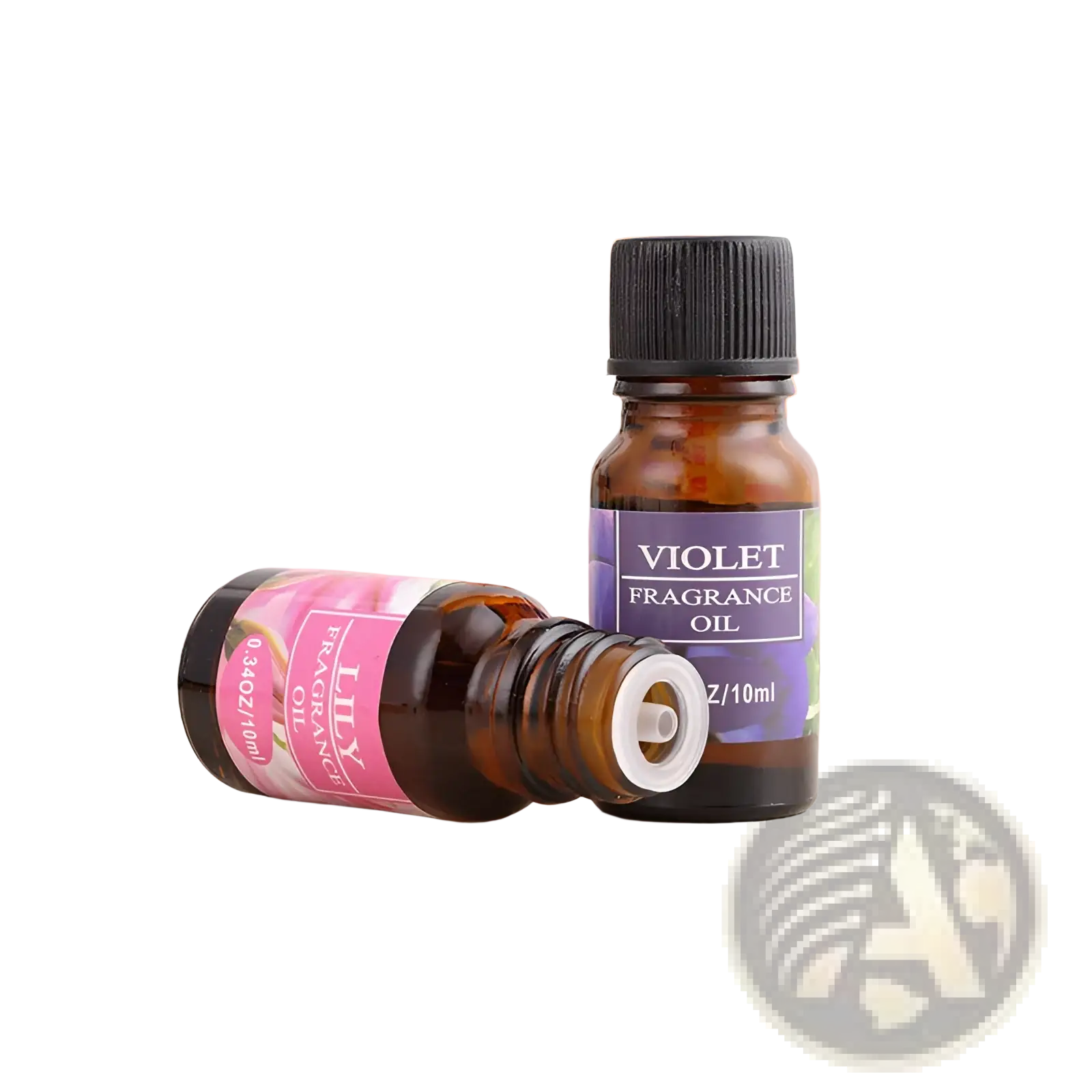 Aromatherapy essential oil violet fragrance in small amber glass bottles with black caps and white dropper tips for humidifiers