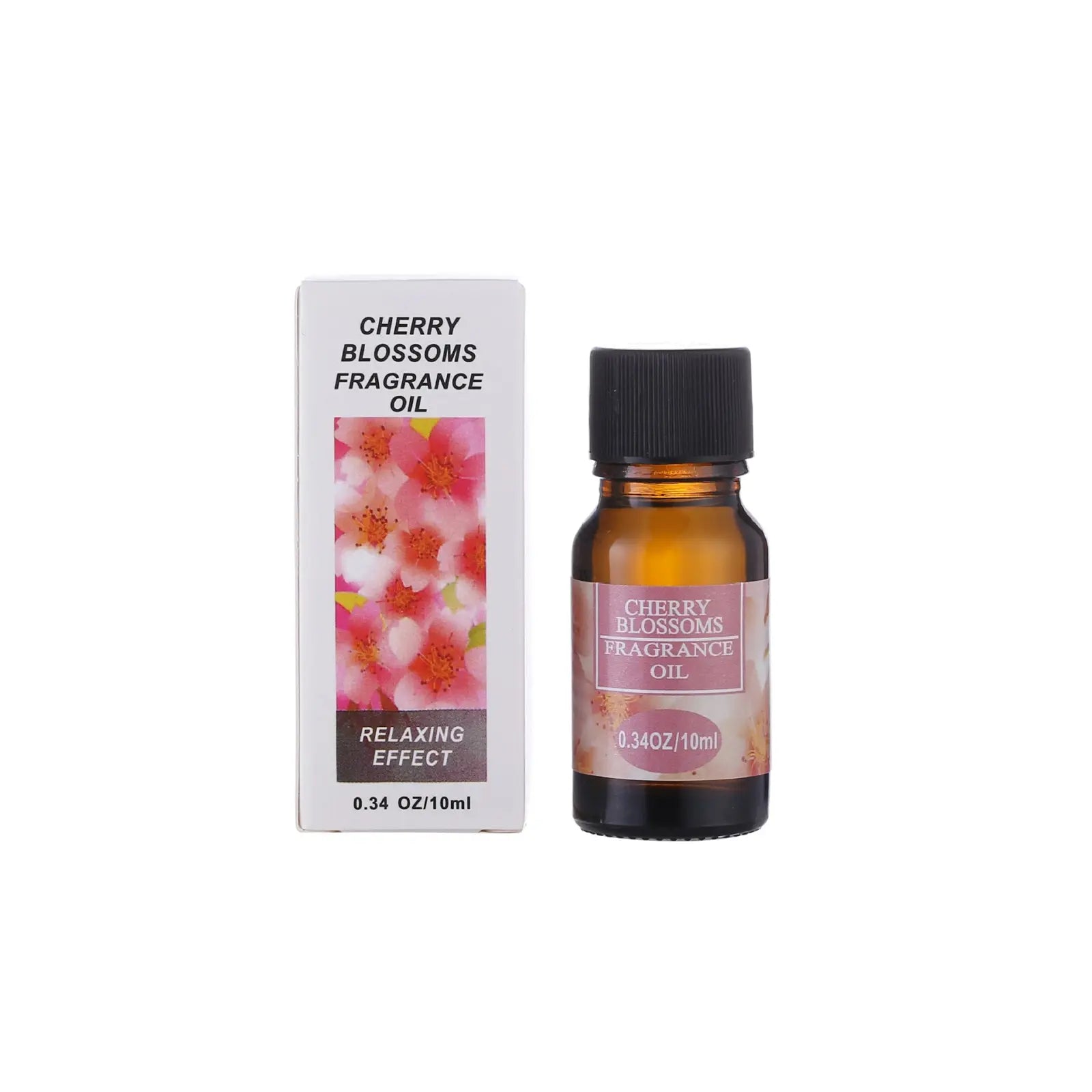 Cherry blossoms fragrance oil in 10ml amber glass bottle with black cap and floral label beside white box for humidifiers