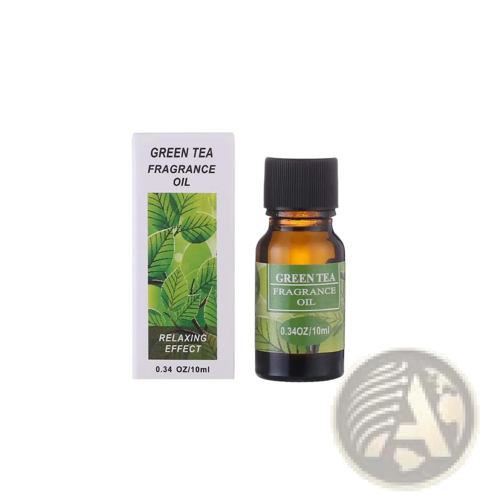 A small amber glass bottle with black cap and green label containing 10ml green tea aromatherapy essential oil for humidifiers
