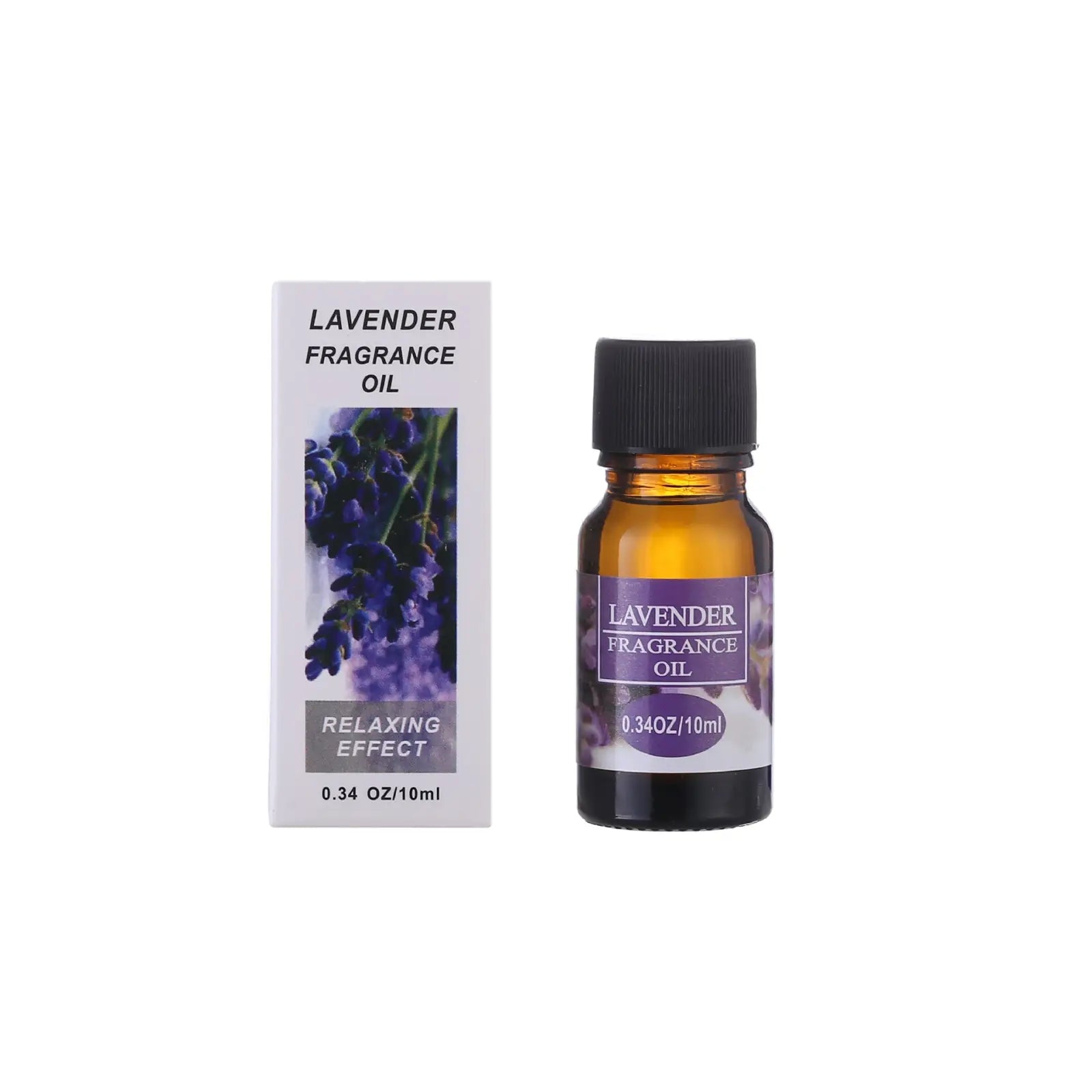 A small amber glass bottle with black cap and purple label containing 10ml lavender aromatherapy essential oil for humidifiers