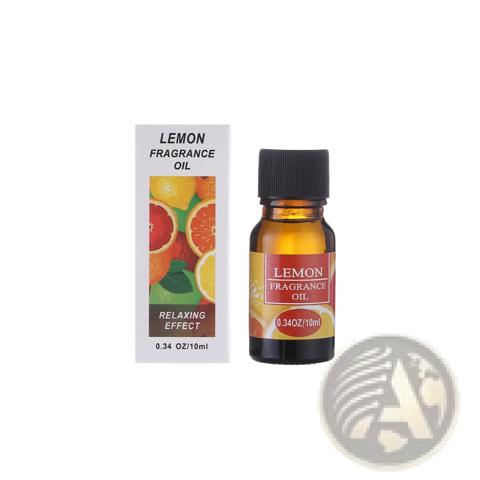 A small amber glass bottle with black cap and red label containing lemon fragrance aromatherapy essential oil for humidifiers 10ml