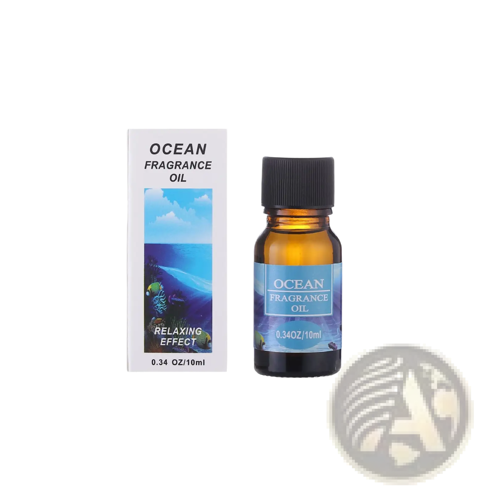 Amber glass bottle with black ribbed cap and blue ocean label containing 10ml aromatherapy essential oil for humidifiers