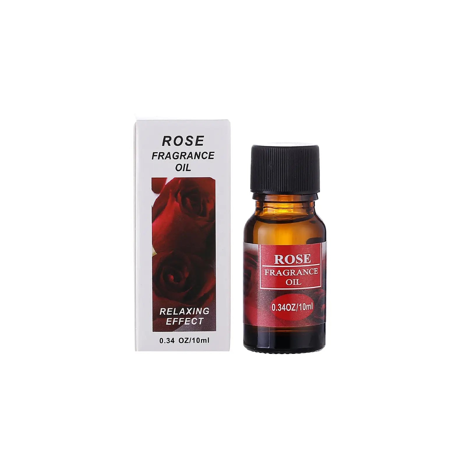 A small amber glass bottle with black cap and red label containing rose fragrance aromatherapy essential oil 10ml