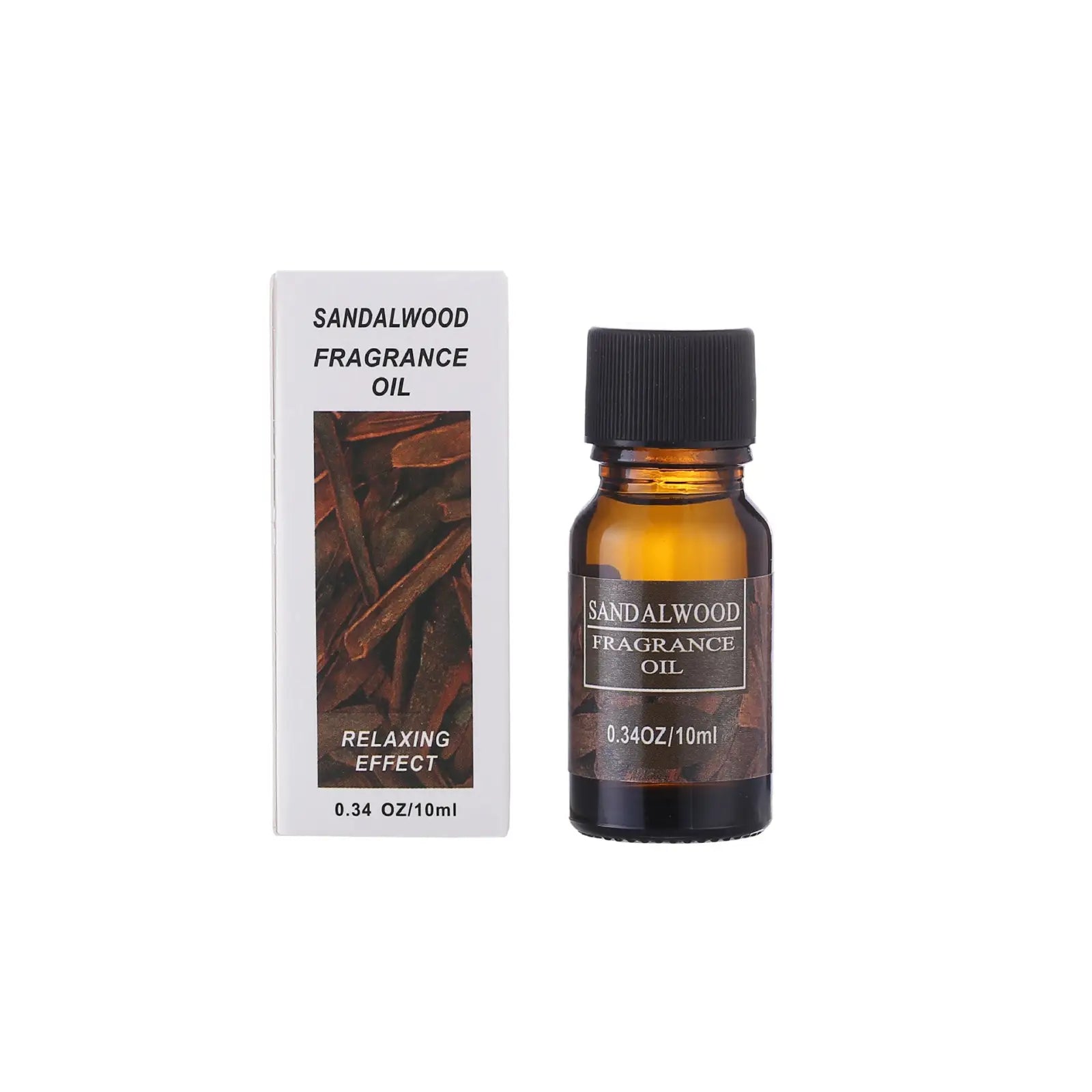 Amber glass bottle with black cap containing 10ml sandalwood aromatherapy essential oil for humidifiers