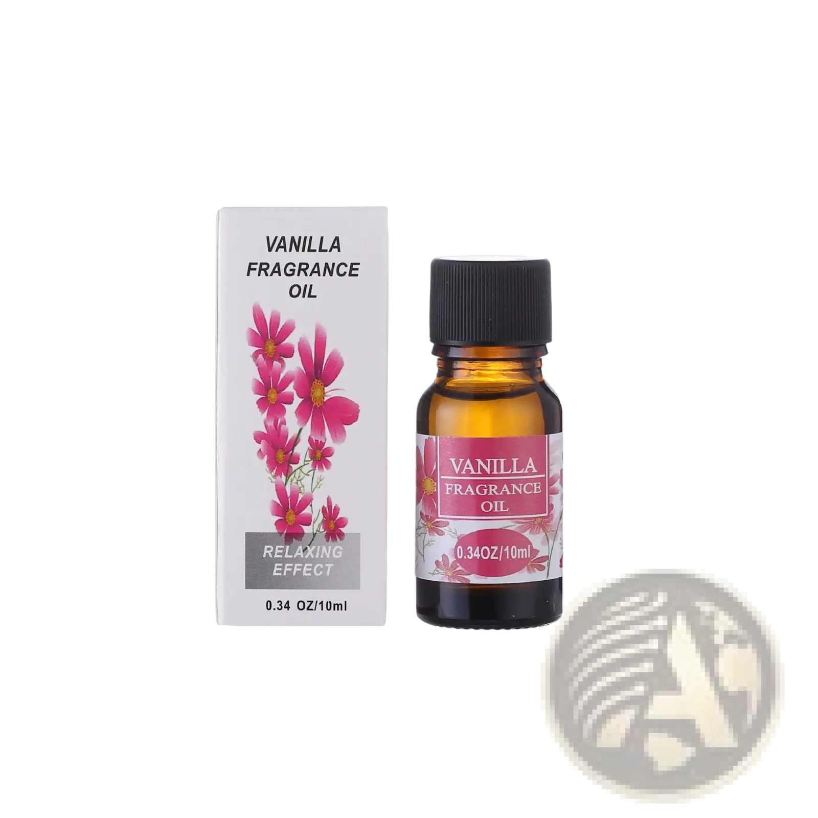 A small amber glass bottle with black cap and pink floral label containing 10ml vanilla aromatherapy essential oil for humidifiers