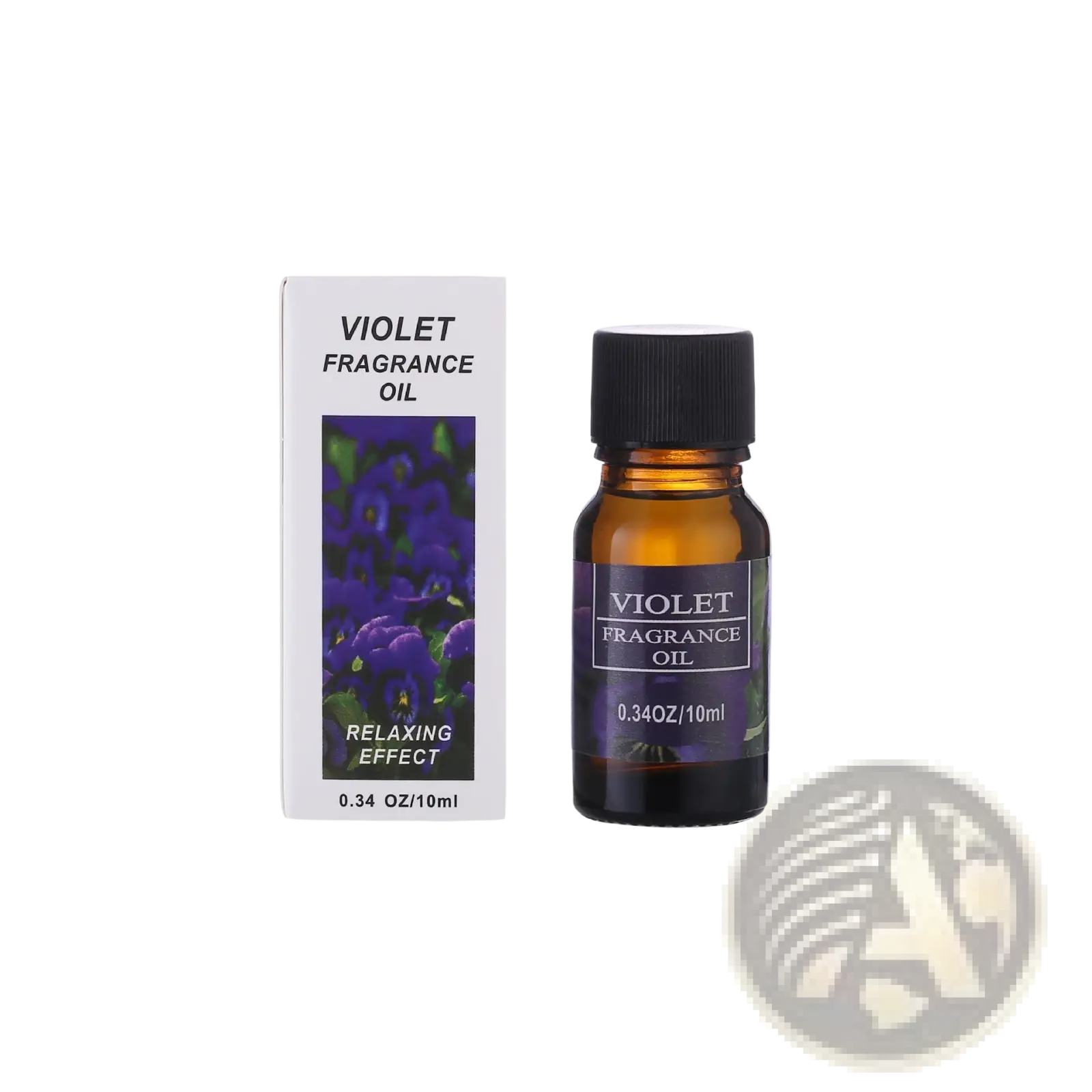 A small amber glass bottle of violet aromatherapy essential oil for humidifiers with a black cap and label