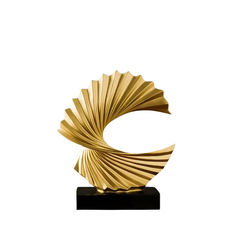 Art deco gold wave sculpture tabletop decor featuring a fan-like abstract design with sleek metallic finish