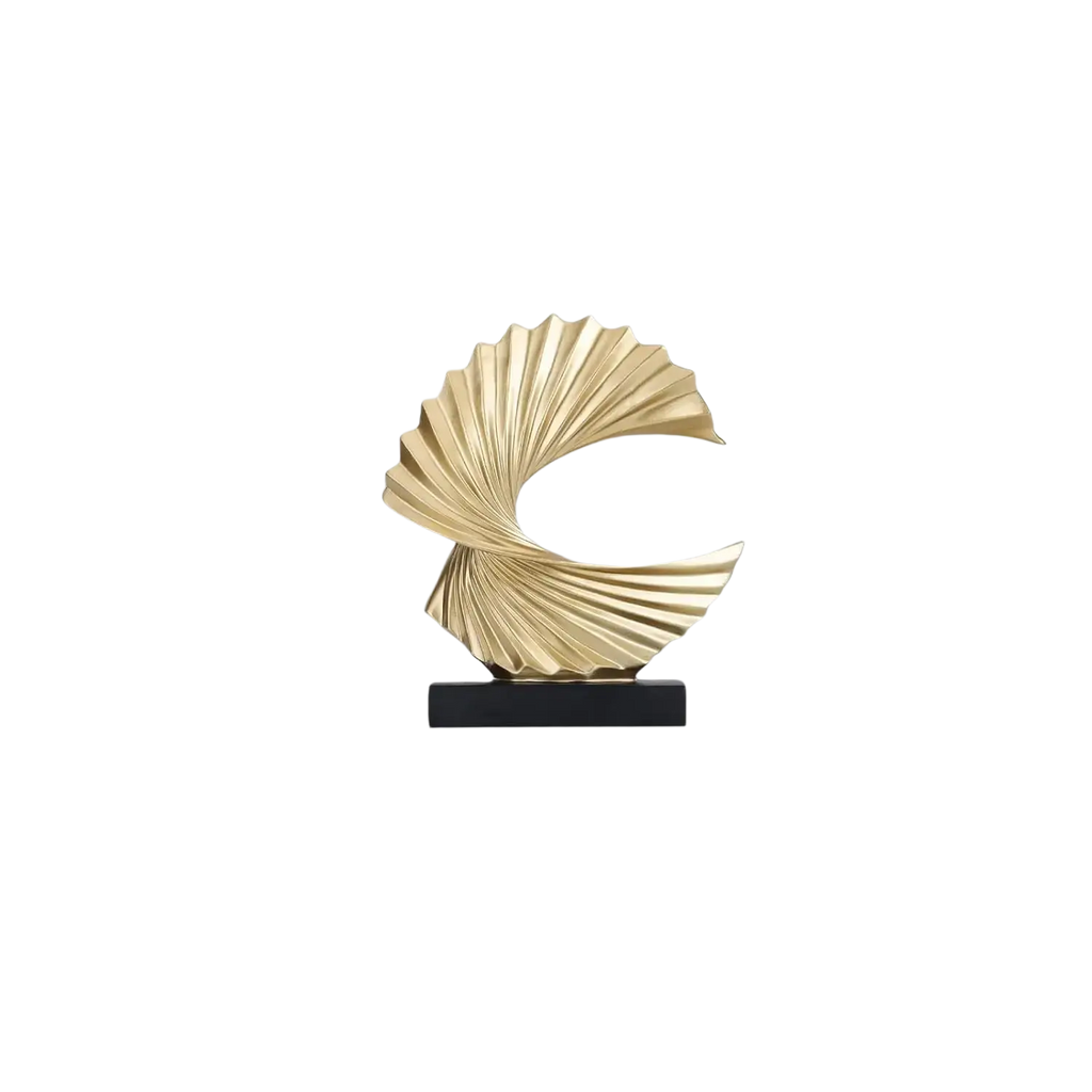 Art deco gold wave sculpture tabletop decor featuring a glossy fan-shaped design on a black rectangular base