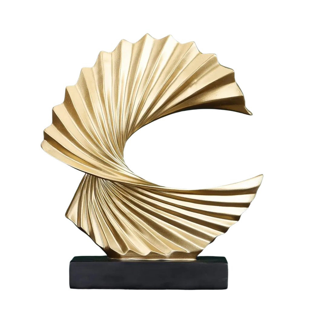 Art deco gold wave sculpture tabletop decor featuring a glossy, fan-shaped design with layered radial ridges