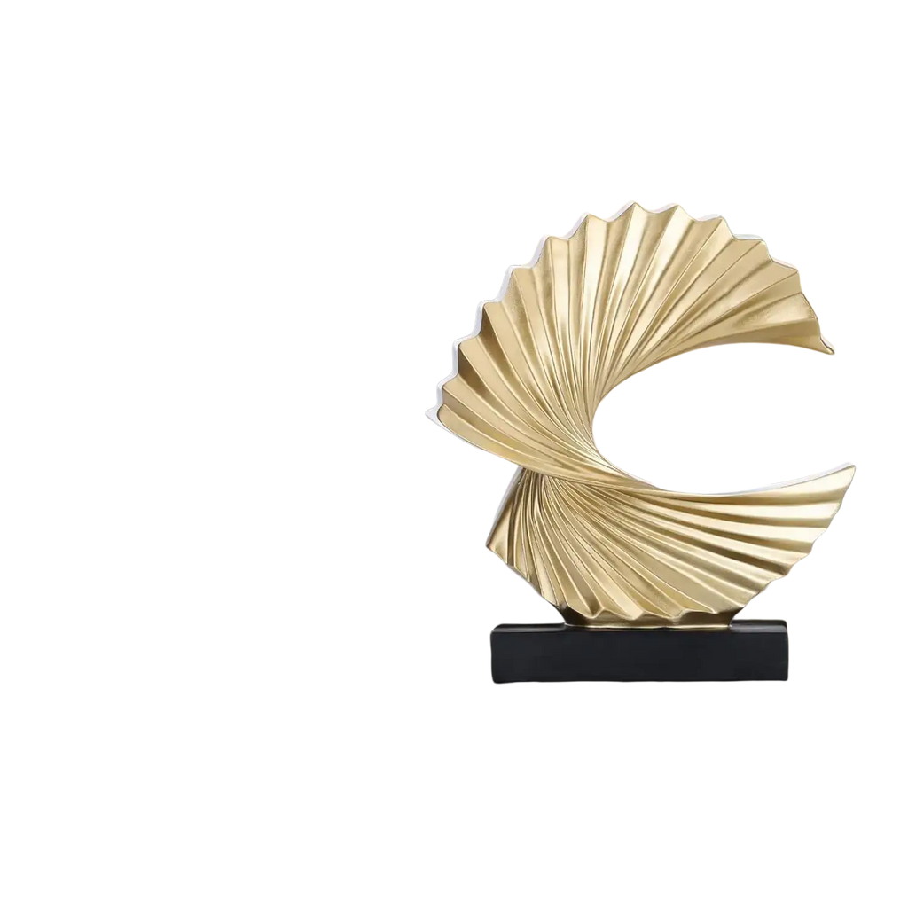 Art deco gold wave sculpture tabletop decor featuring a golden metallic fan shaped design on a black base