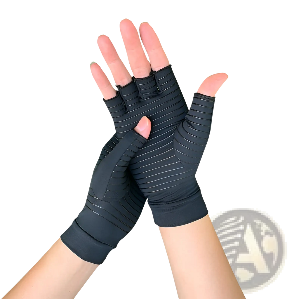Black fingerless arthritis compression gloves with ribbed texture and elastic cuffs for hand support