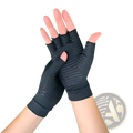 Black fingerless arthritis compression gloves with ribbed texture and elastic cuffs for hand support