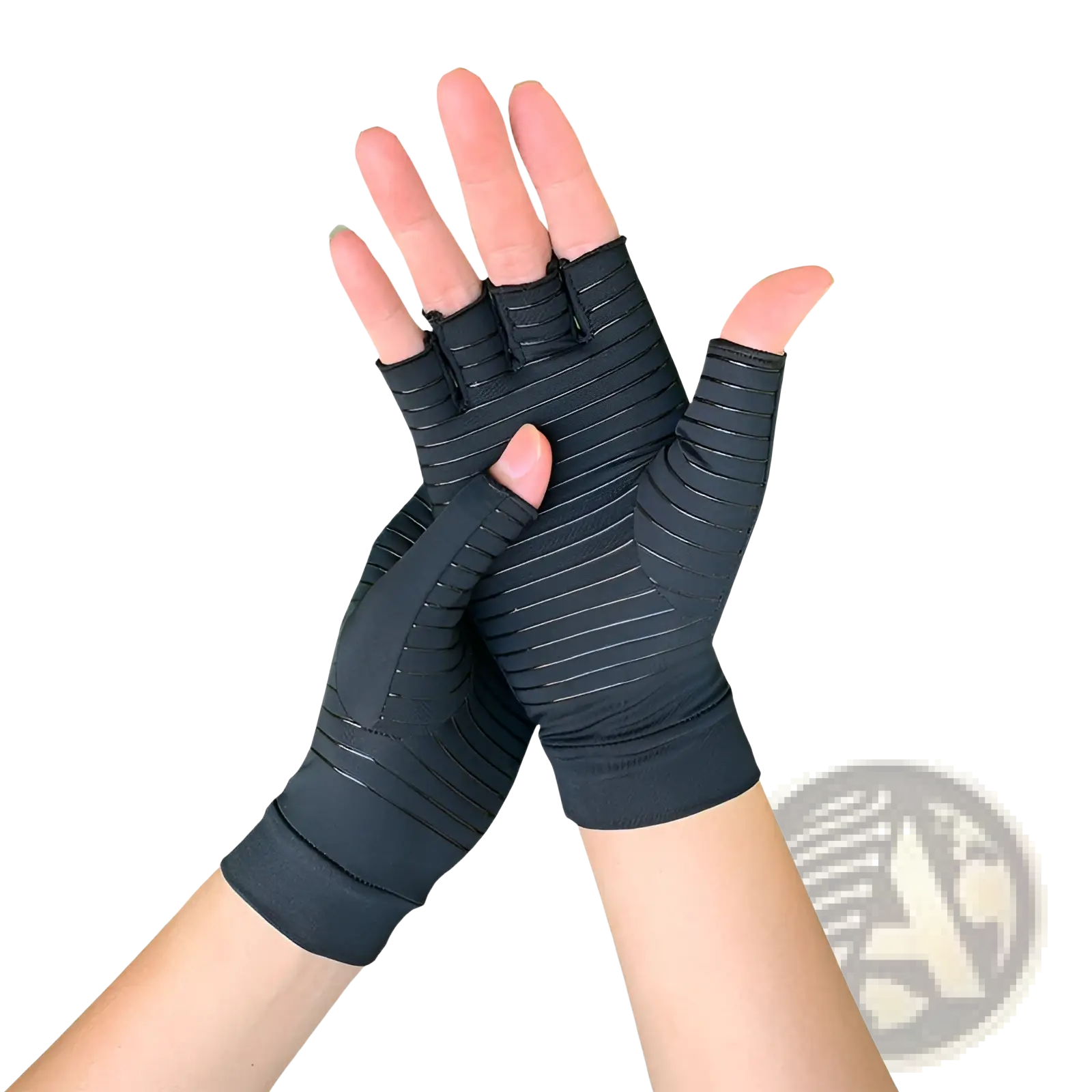 Black fingerless arthritis compression gloves with ribbed texture and elastic cuffs for hand support