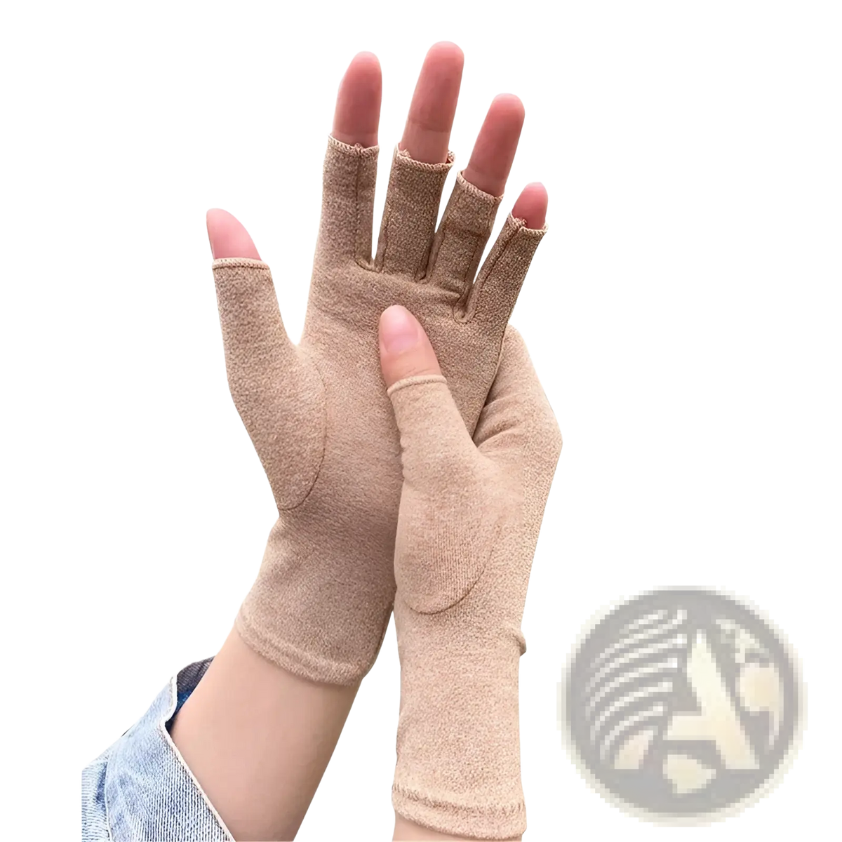 Beige fingerless arthritis compression gloves with textured knit fabric and reinforced palm patches for support