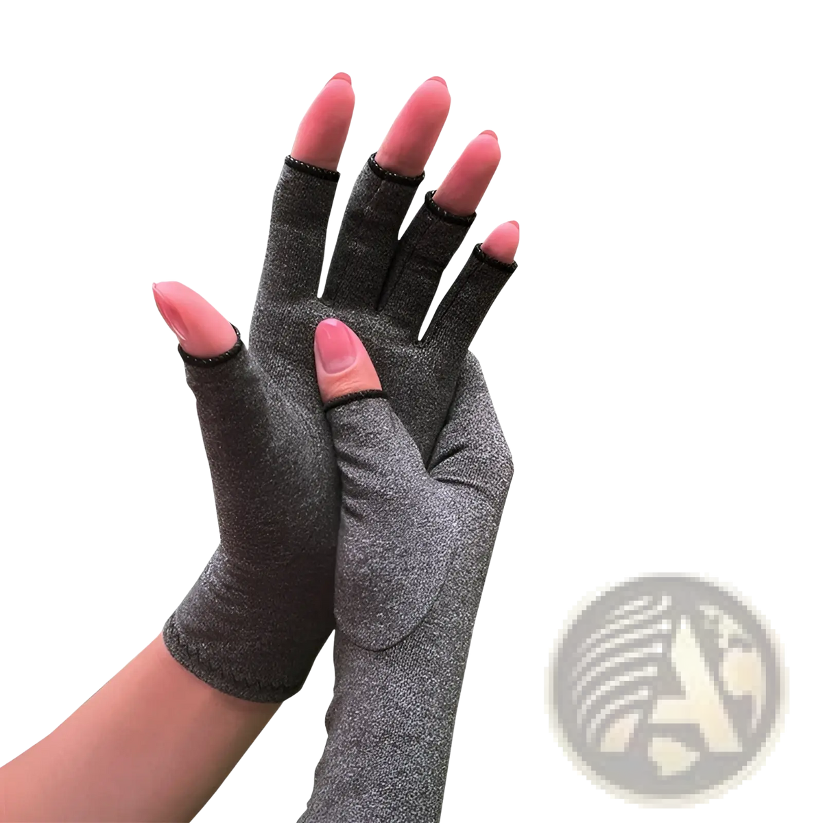 Gray fingerless arthritis compression gloves with black trim and textured fabric for joint support and pain relief