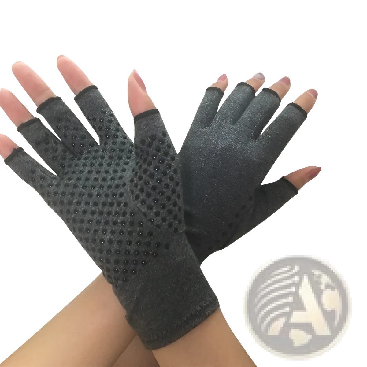 Arthritis compression fingerless gloves in dark gray with textured dotted palm grip and black trim for hand support