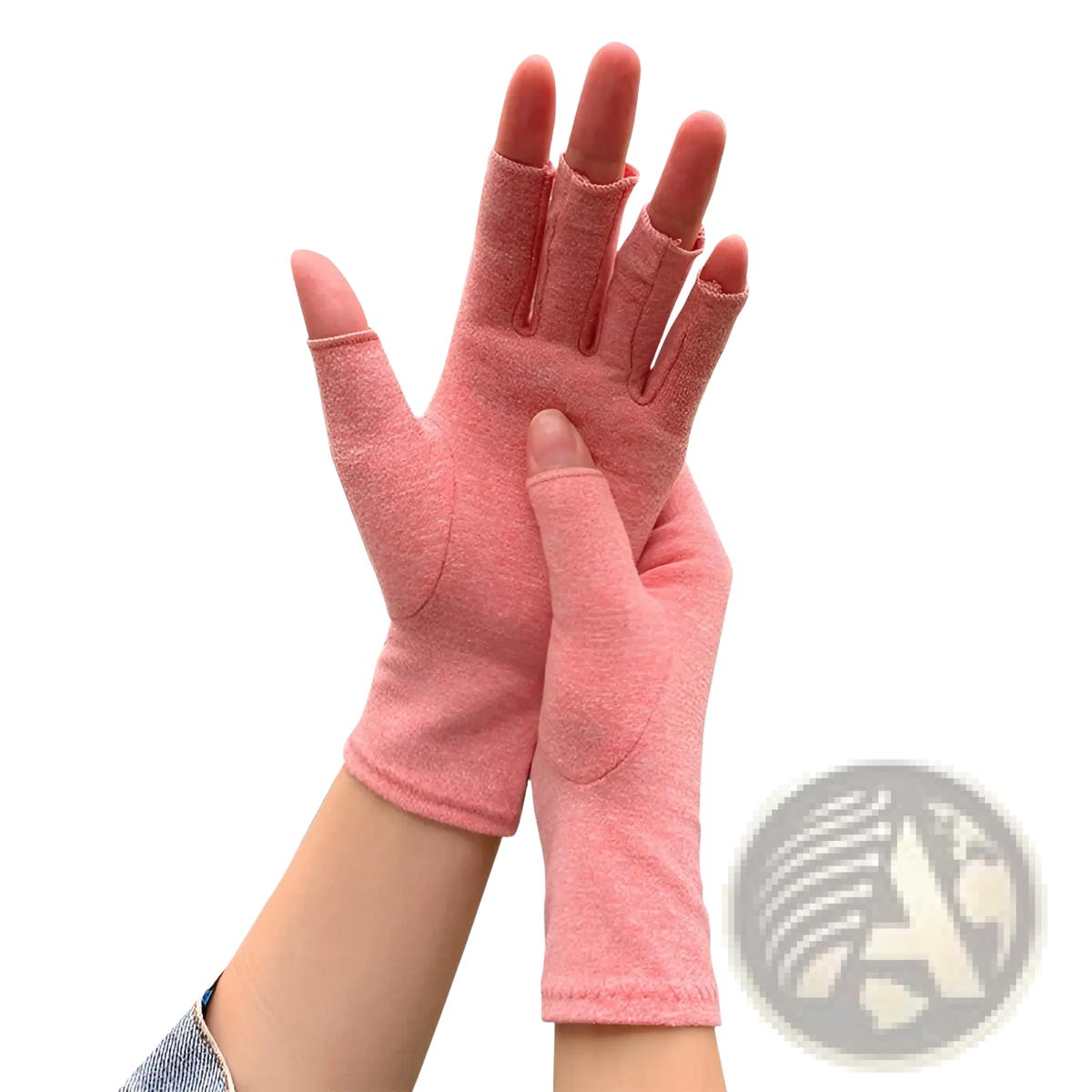 Pink arthritis compression fingerless gloves with soft textured fabric and reinforced palm patches for support