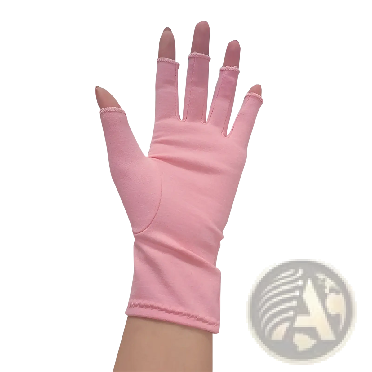 Pink arthritis compression fingerless gloves with soft stretchy fabric and neatly stitched edges for support