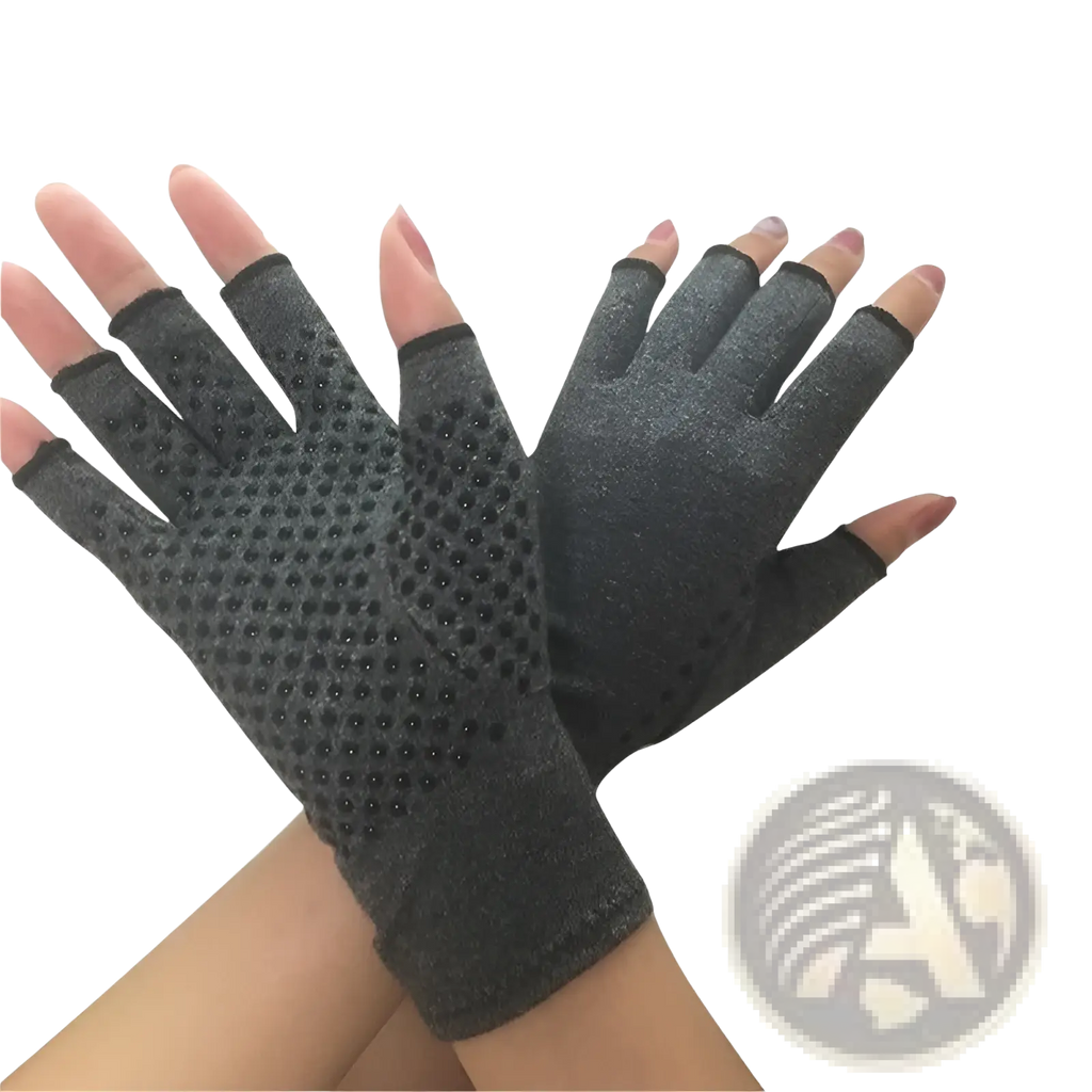 Dark gray fingerless arthritis compression gloves with textured dotted grip pattern on the palm for support