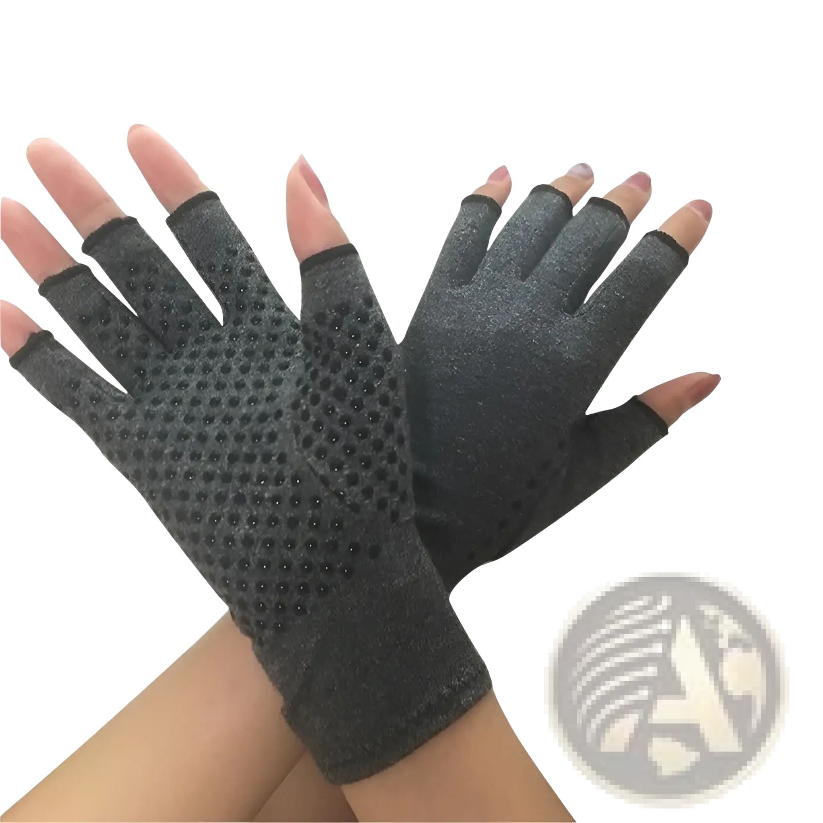 Dark gray fingerless arthritis compression gloves with textured dotted grip pattern on the palm for support